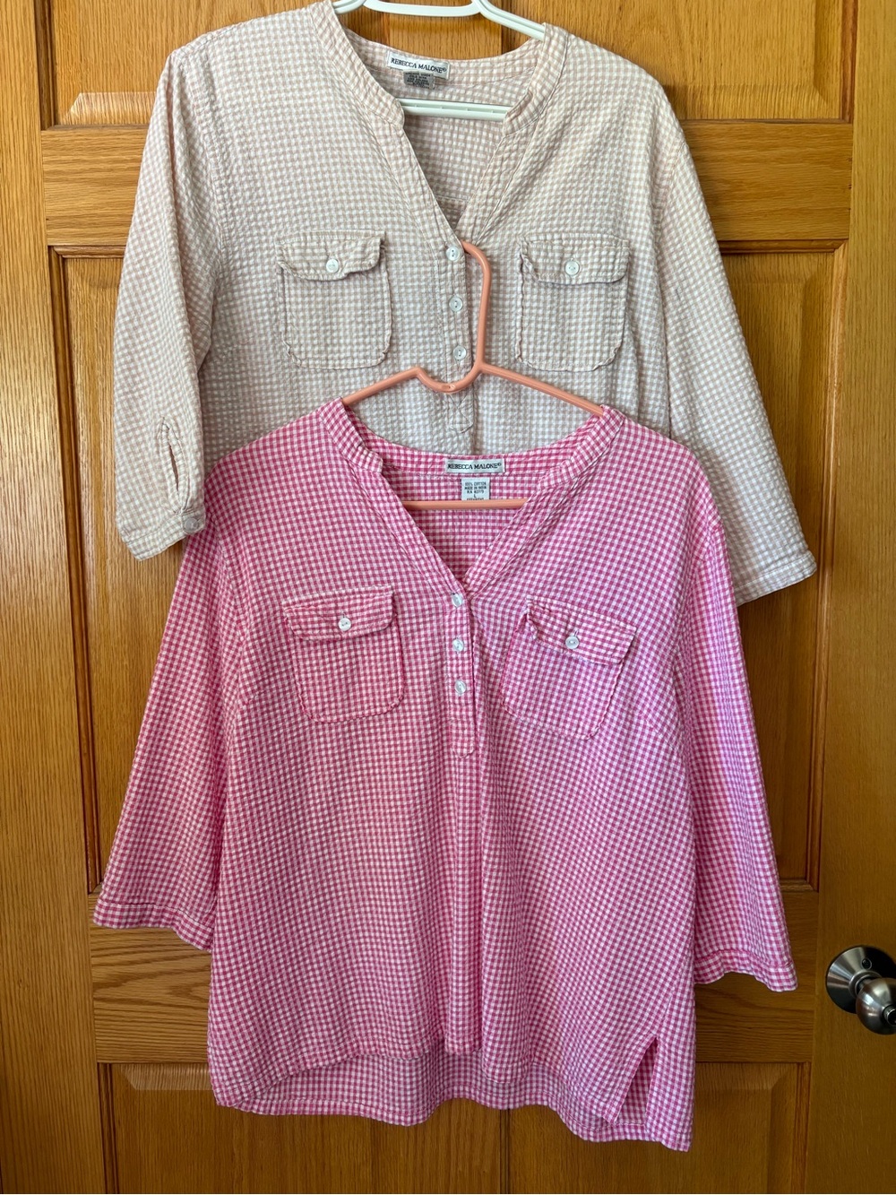 Rebecca Malone Pink & Beige Gingham 3/4 Sleeve Tops